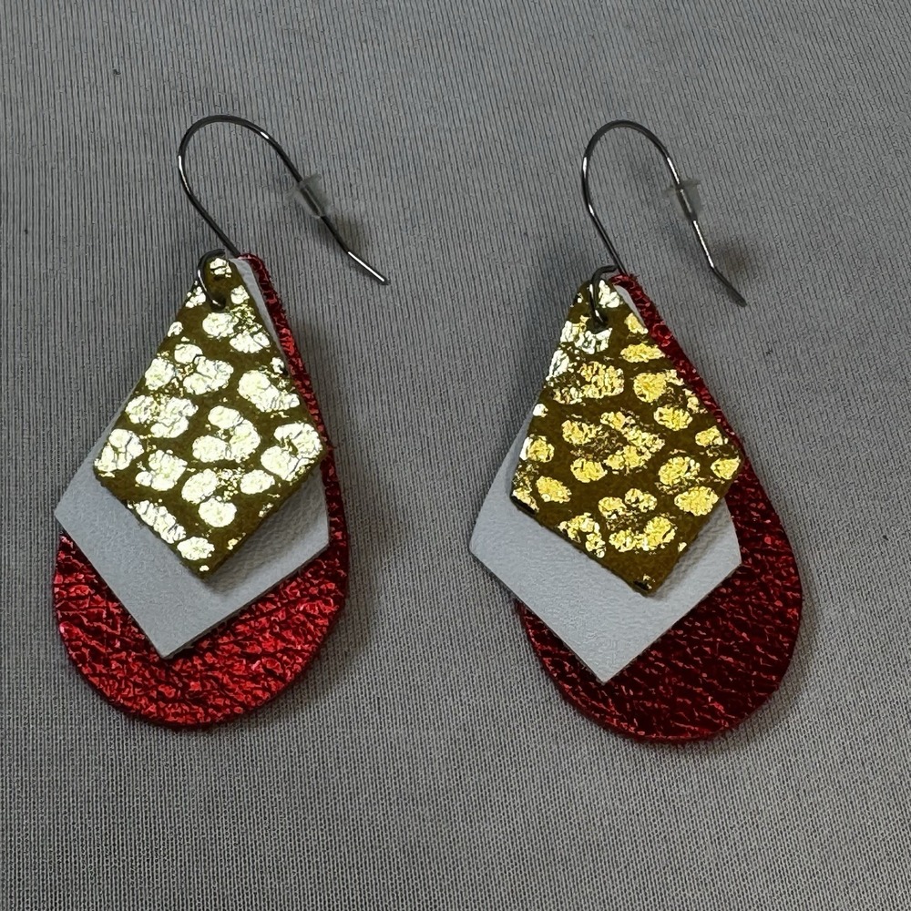 White, Red & Gold Cheetah Print Faux Leather Layered Dangle Earrings